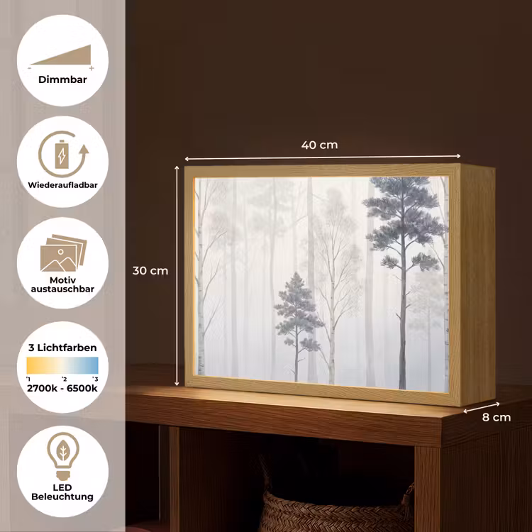 Bos - Bomen - Mist - Natuur - Illustratie - Grijs Light Box met batterij (Wandlamp) middel -USP_websiteoverzichtDE