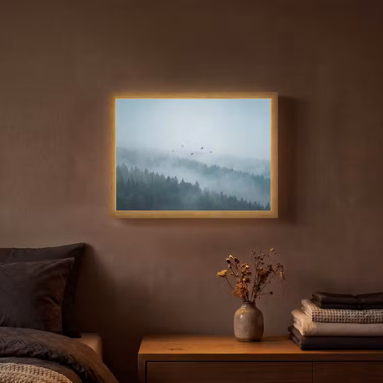 Bos - Mist - Vogels - Natuur - Groen Light Box met batterij (Wandlamp) middel -sfeer4