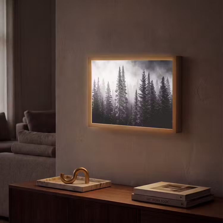 Bos - Mist - Winter - Monochroom - Natuur Light Box met batterij (Wandlamp) middel -sfeer1