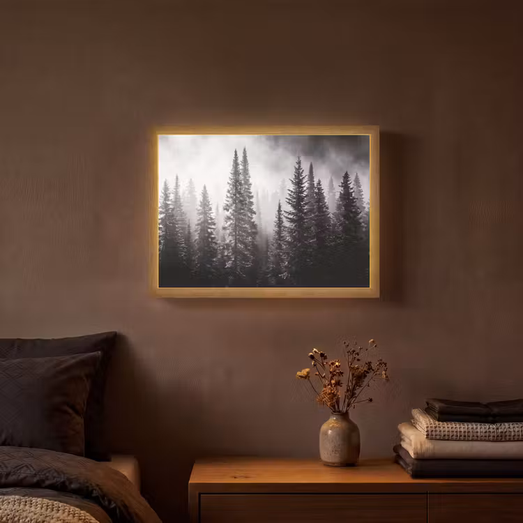 Bos - Mist - Winter - Monochroom - Natuur Light Box met batterij (Wandlamp) middel -sfeer4