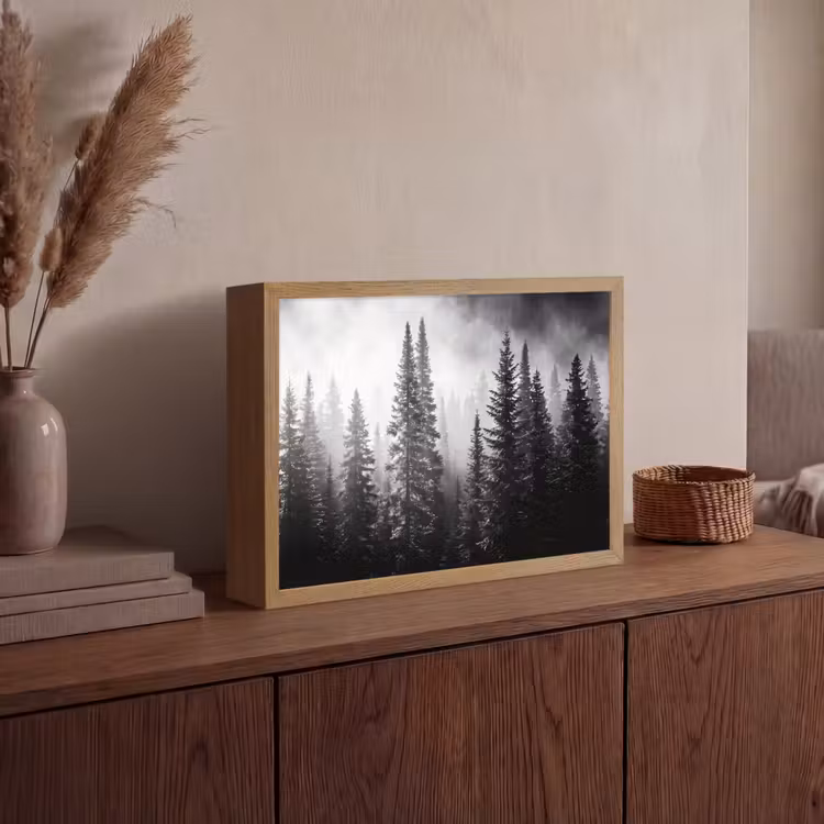 Bos - Mist - Winter - Monochroom - Natuur Light Box met batterij (Wandlamp) middel -sfeer2