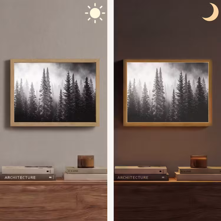 Bos - Mist - Winter - Monochroom - Natuur Light Box met batterij (Wandlamp) middel -sfeer3