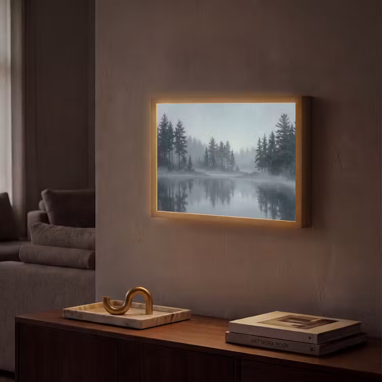 Bos - Meer - Mist - Natuur - Grijs Light Box met batterij (Wandlamp) middel -sfeer1