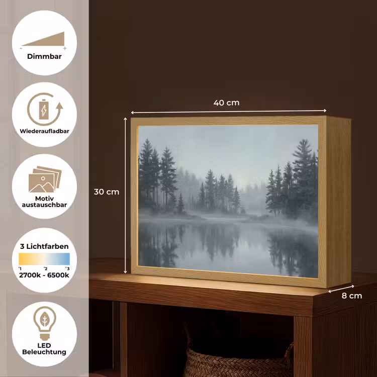 Bos - Meer - Mist - Natuur - Grijs Light Box met batterij (Wandlamp) middel -USP_websiteoverzichtDE