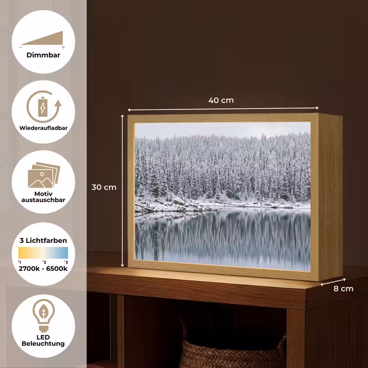 Bos - Reflectie - Meer - Winter - Serene Light Box met batterij (Wandlamp) middel -USP_websiteoverzichtDE