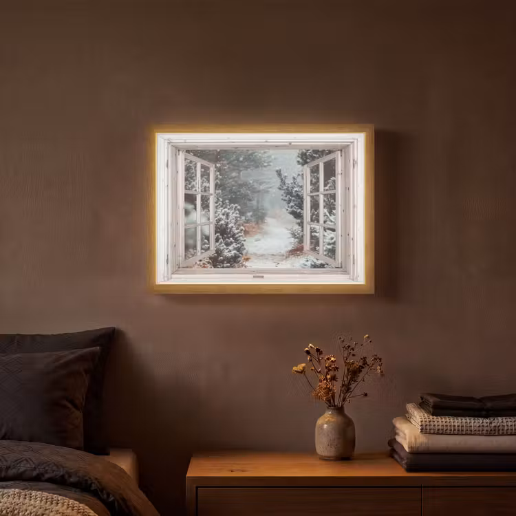 Bos - Winter - Bomen - Natuur - Pad - Doorkijk - Wit Light Box met batterij (Wandlamp) middel -sfeer4