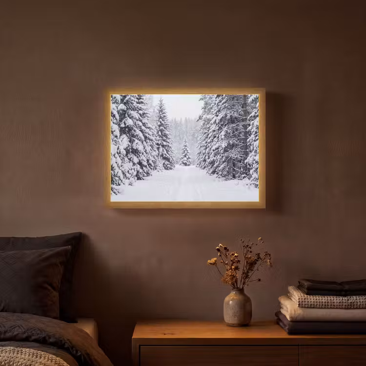 Bos - Winter - Sneeuw - Pad - Natuur Light Box met batterij (Wandlamp) middel -sfeer4