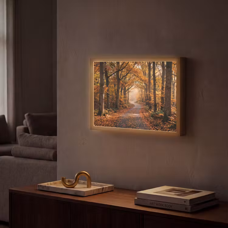 Bospad - Herfstbos - Bladeren - Oranje - Nostalgisch Light Box met batterij (Wandlamp) middel -sfeer1