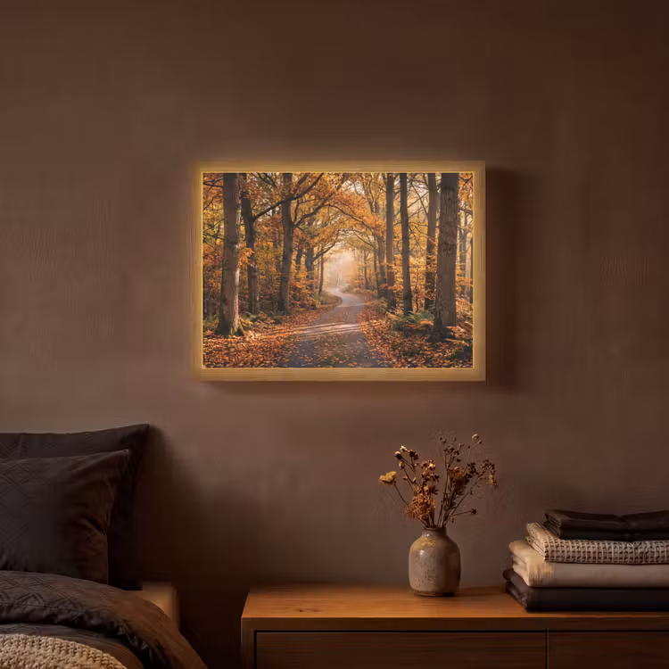 Bospad - Herfstbos - Bladeren - Oranje - Nostalgisch Light Box met batterij (Wandlamp) middel -sfeer4