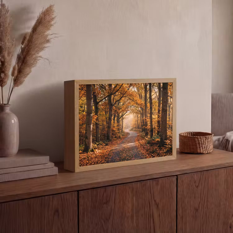 Bospad - Herfstbos - Bladeren - Oranje - Nostalgisch Light Box met batterij (Wandlamp) middel -sfeer2