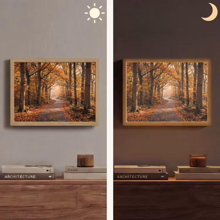 Bospad - Herfstbos - Bladeren - Oranje - Nostalgisch Light Box met batterij (Wandlamp) middel -sfeer3