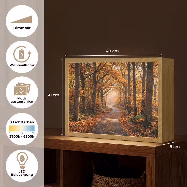 Bospad - Herfstbos - Bladeren - Oranje - Nostalgisch Light Box met batterij (Wandlamp) middel -USP_websiteoverzichtDE