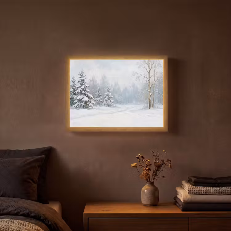 Bospad - Dennen - Sneeuw - Winter - Rustgevend Light Box met batterij (Wandlamp) middel -sfeer4