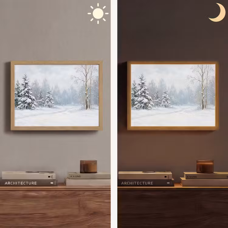 Bospad - Dennen - Sneeuw - Winter - Rustgevend Light Box met batterij (Wandlamp) middel -sfeer3