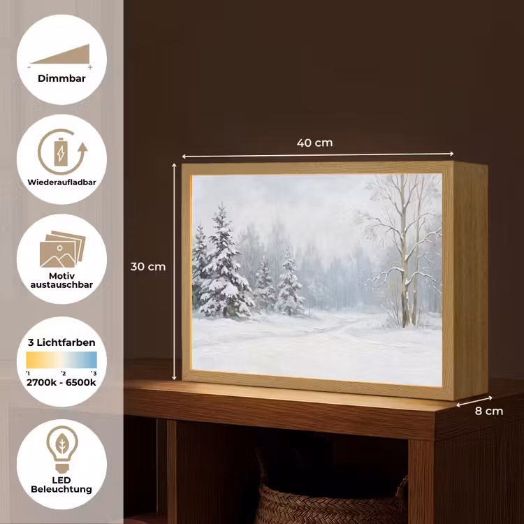 Bospad - Dennen - Sneeuw - Winter - Rustgevend Light Box met batterij (Wandlamp) middel -USP_websiteoverzichtDE