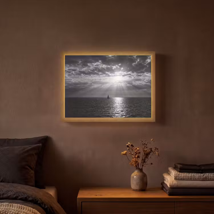 Water - Boot - Lucht - Natuur - Zwart-wit Light Box met batterij (Wandlamp) middel -sfeer4