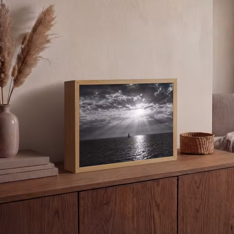 Water - Boot - Lucht - Natuur - Zwart-wit Light Box met batterij (Wandlamp) middel -sfeer2