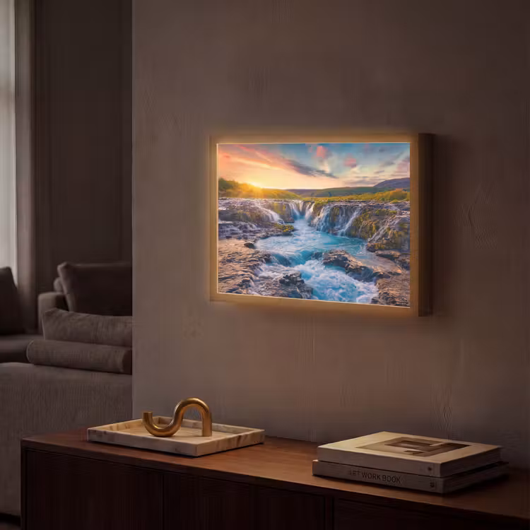 Waterval - Planten - Mos - Landschap - Zonsondergang - Rots Light Box met batterij (Wandlamp) middel -sfeer1