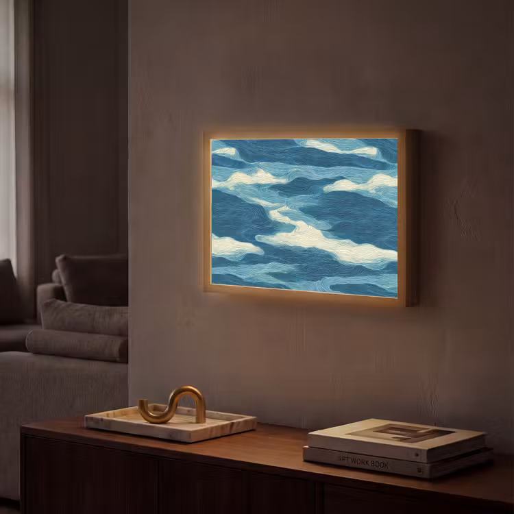 Golven - Abstract - Patroon - Blauw - Wit Light Box met batterij (Wandlamp) middel 907 -sfeer1