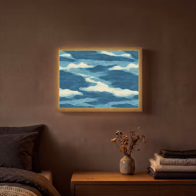 Golven - Abstract - Patroon - Blauw - Wit Light Box met batterij (Wandlamp) middel 907 -sfeer4