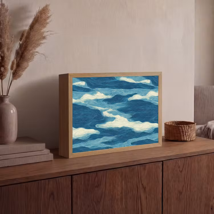 Golven - Abstract - Patroon - Blauw - Wit Light Box met batterij (Wandlamp) middel 907 -sfeer2