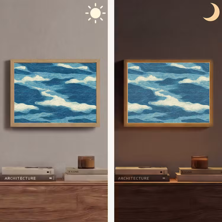 Golven - Abstract - Patroon - Blauw - Wit Light Box met batterij (Wandlamp) middel 907 -sfeer3