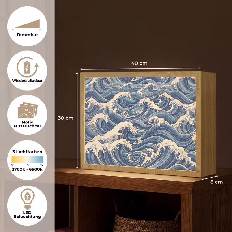 Golven - Zee - Natuur - Abstract - Blauw Light Box met batterij (Wandlamp) middel -USP_websiteoverzichtDE