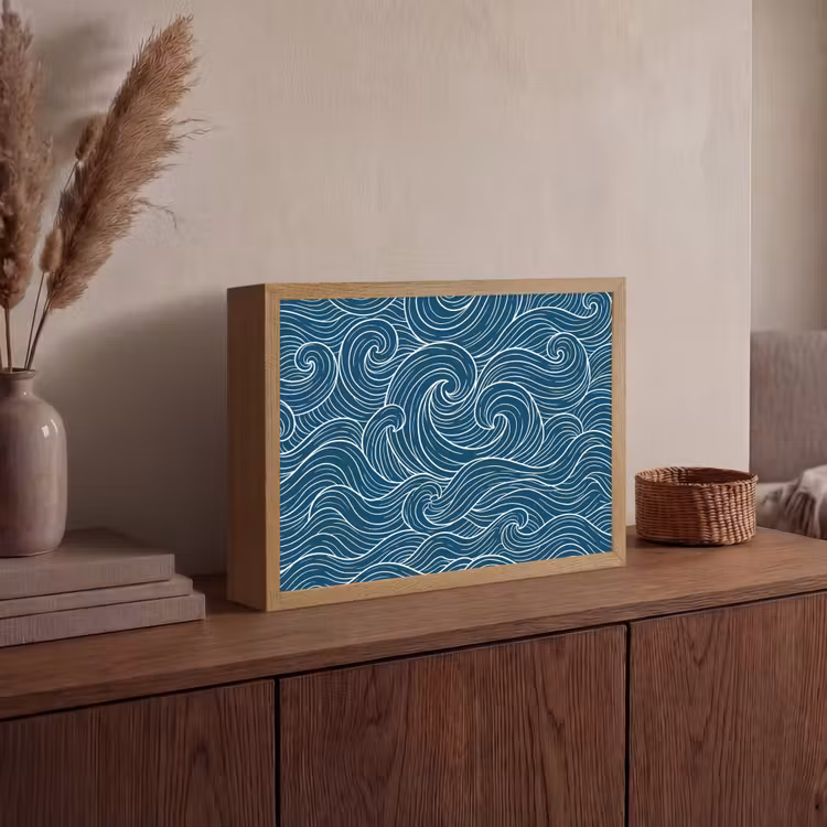 Golven - Spiraal - Water - Abstract - Blauw Light Box met batterij (Wandlamp) middel -sfeer2