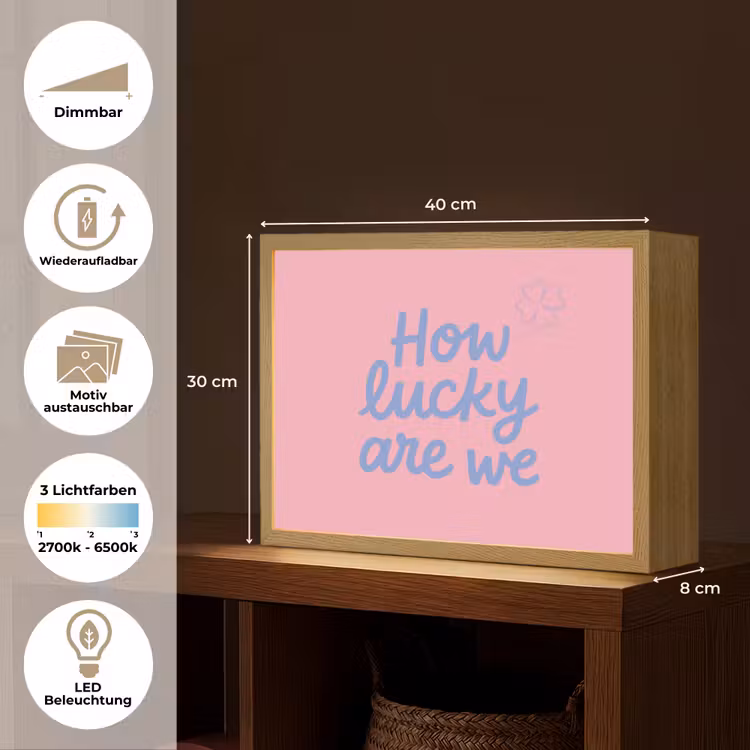How lucky are we - Klavervier - Roze - Blauw Light Box met batterij (Wandlamp) middel -USP_websiteoverzichtDE
