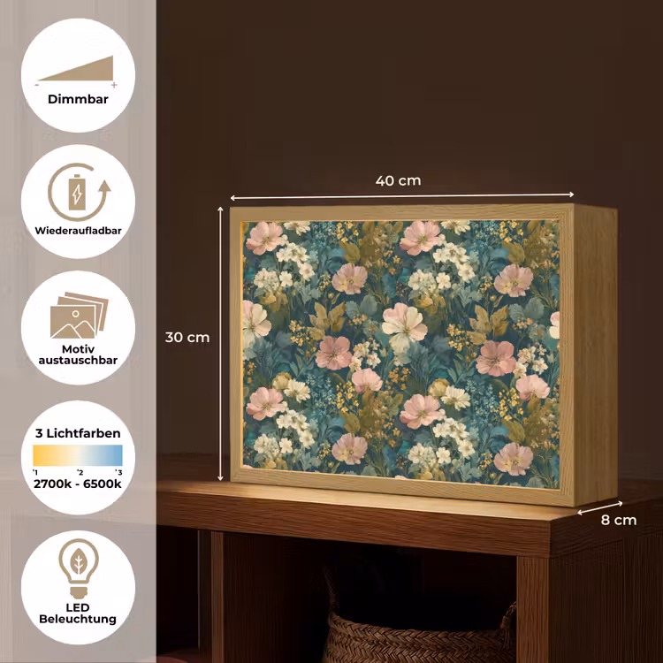 Wilde bloemen - Botanisch - Patroon - Roze - Romantisch Light Box met batterij (Wandlamp) middel 907 -USP_websiteoverzichtDE