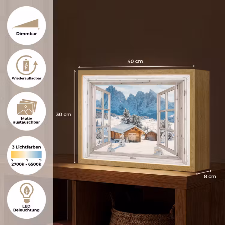 Winterlandschap - Huisje - Bergen - Uitzicht - Doorkijk - Natuur Light Box met batterij (Wandlamp) middel -USP_websiteoverzichtDE