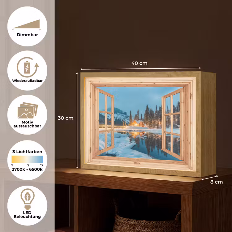Winterlandschap - Natuur - Huis - Bergen - Doorkijk - Raam Light Box met batterij (Wandlamp) middel -USP_websiteoverzichtDE