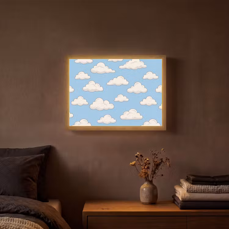 Wolk - Cartoon - Lucht - Blauw - Wit Light Box met batterij (Wandlamp) middel -sfeer4