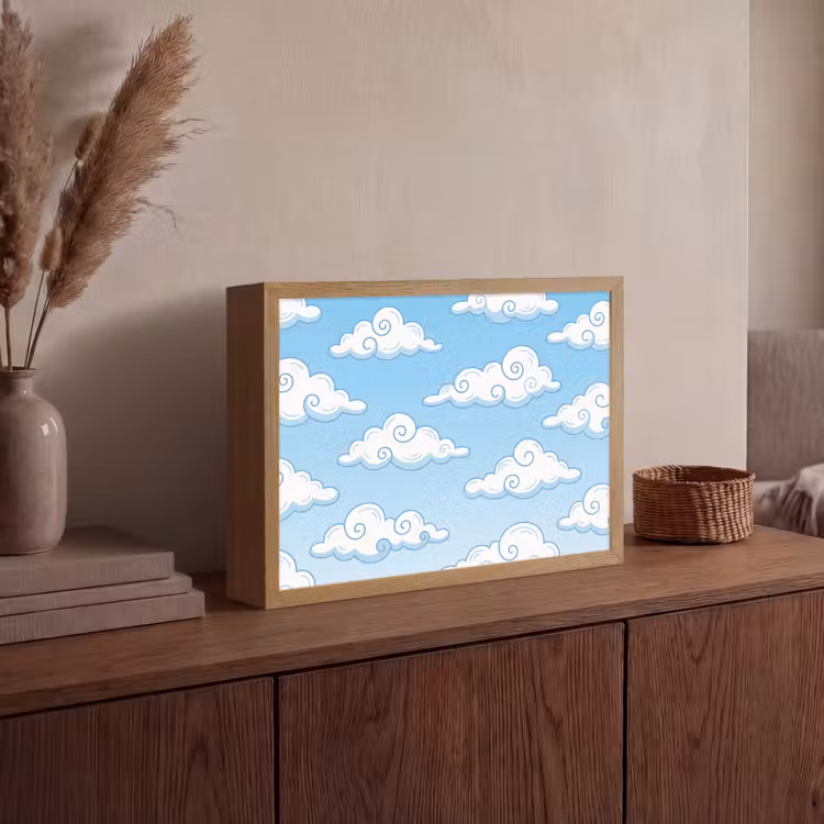 Wolk - Lucht - Cartoon - Blauw - Wit Light Box met batterij (Wandlamp) middel -sfeer2