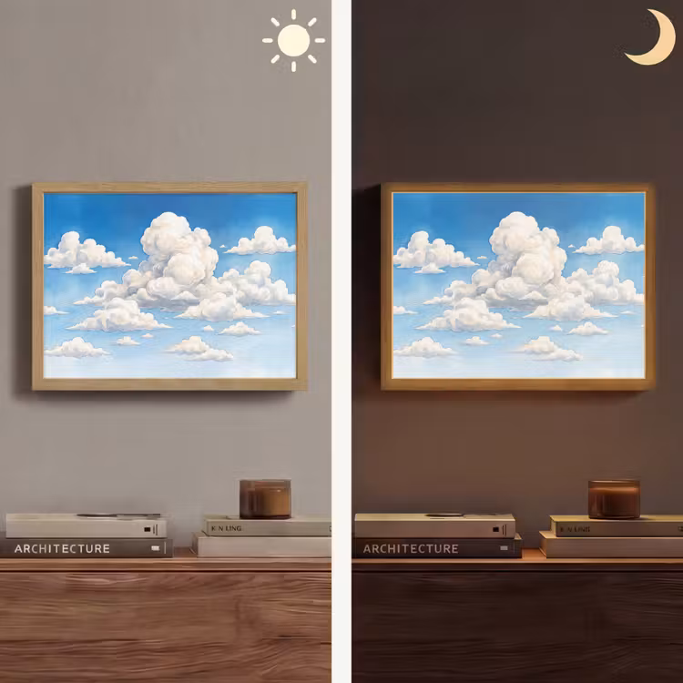 Wolken - Blauwe lucht - Natuur - Modern - Wit Light Box met batterij (Wandlamp) middel -sfeer3