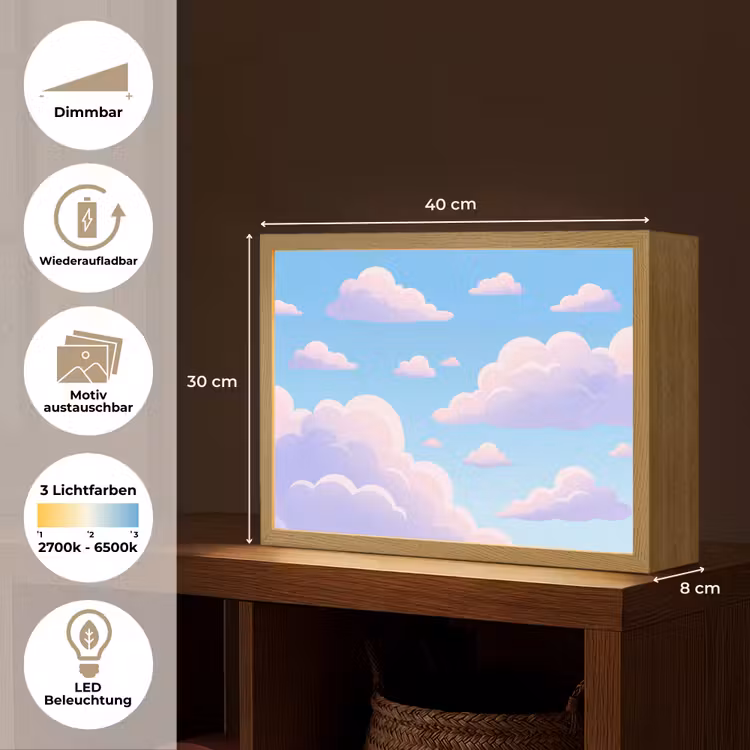 Wolken - Roze - Blauw - Natuur - Modern Light Box met batterij (Wandlamp) middel -USP_websiteoverzichtDE