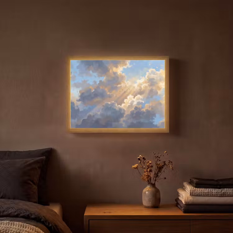 Wolken - Zonnestralen - Natuur - Abstract - Blauw Light Box met batterij (Wandlamp) middel -sfeer4