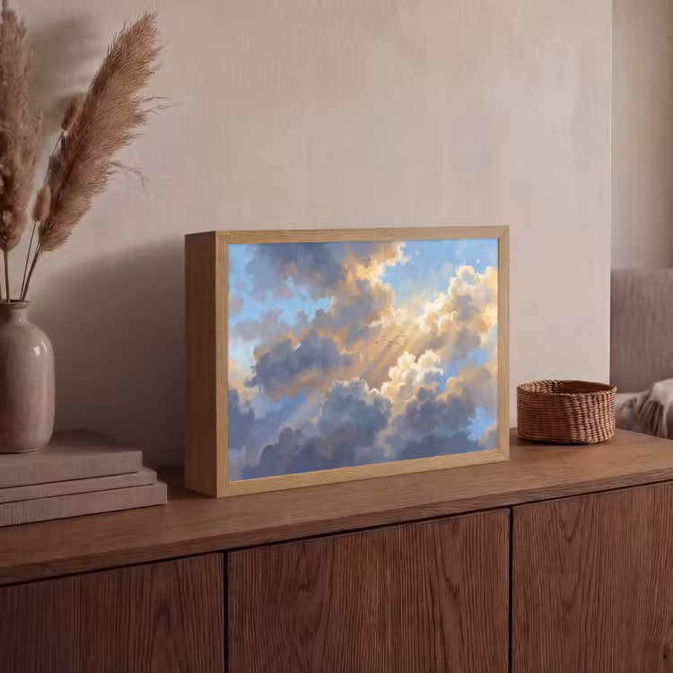 Wolken - Zonnestralen - Natuur - Abstract - Blauw Light Box met batterij (Wandlamp) middel -sfeer2