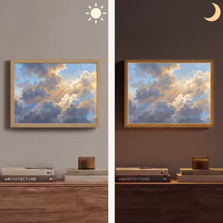 Wolken - Zonnestralen - Natuur - Abstract - Blauw Light Box met batterij (Wandlamp) middel -sfeer3