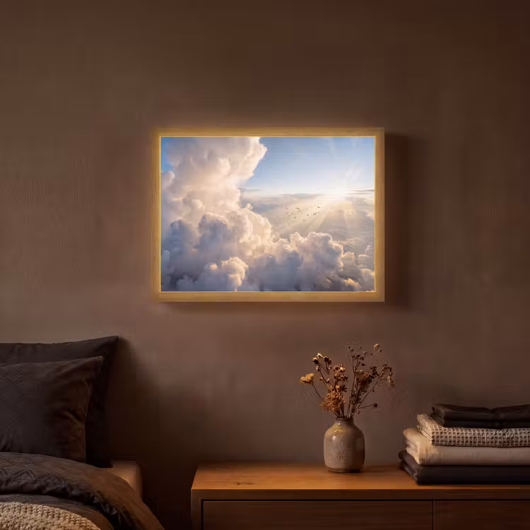Wolken - Zonnestralen - Natuur - Wit Light Box met batterij (Wandlamp) middel -sfeer4