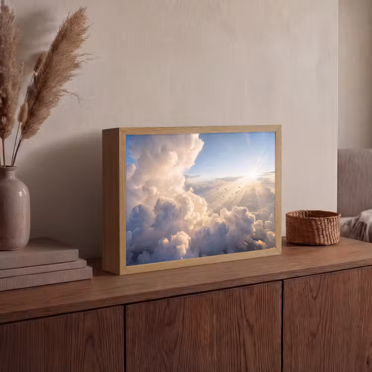 Wolken - Zonnestralen - Natuur - Wit Light Box met batterij (Wandlamp) middel -sfeer2