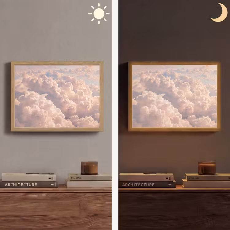 Wolken - Zonsondergang - Natuur - Pastel - Roze Light Box met batterij (Wandlamp) middel -sfeer3
