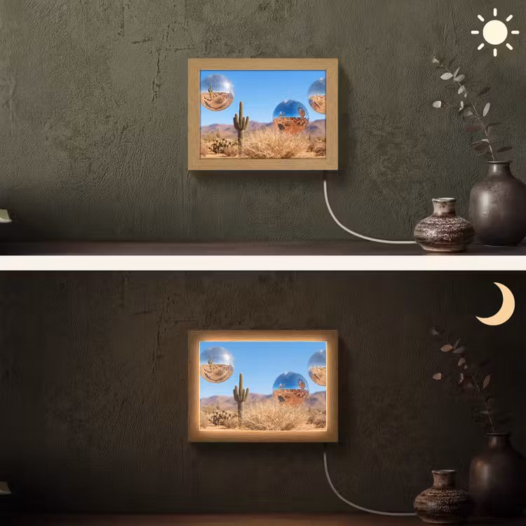 Lightbox - Wandleuchte - Wüste – Spiegelkugel – Kunst - Woestijn - Spiegelbal - Kunst Light Box met kabel (Wandlamp) klein