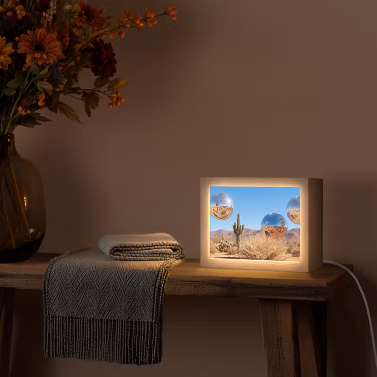 Lightbox - Wandleuchte - Wüste – Spiegelkugel – Kunst - Woestijn - Spiegelbal - Kunst Light Box met kabel (Wandlamp) klein
