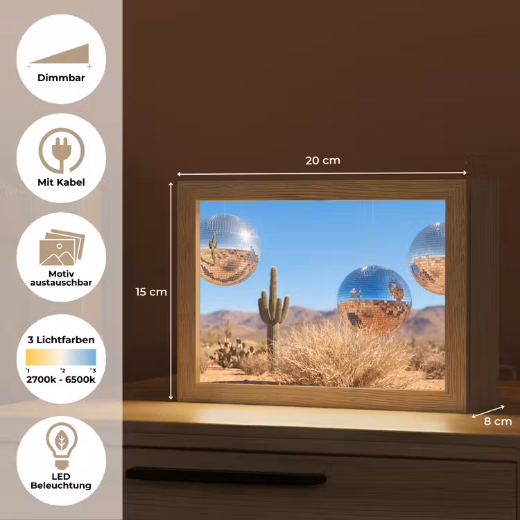 Lightbox - Wandleuchte - Wüste – Spiegelkugel – Kunst - Woestijn - Spiegelbal - Kunst Light Box met kabel (Wandlamp) klein