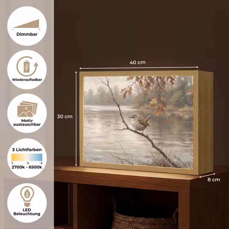 Winterkoninkje - Tak - Rivier - Natuur - Sfeervol Light Box met batterij (Wandlamp) middel -USP_websiteoverzichtDE