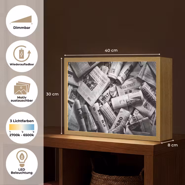Krant - Stapel - Nieuws - Zwart-wit Light Box met batterij (Wandlamp) middel -USP_websiteoverzichtDE