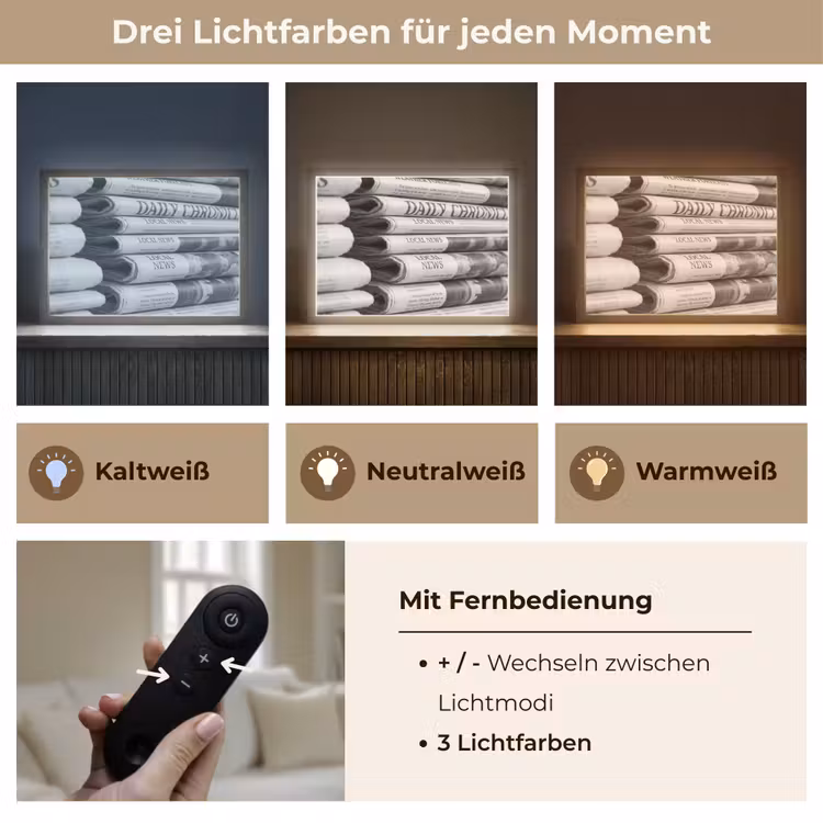 Krant - Stapel - Nieuws - Zwart-wit - Media Light Box met batterij (Wandlamp) middel -USP_lichtkleurDE
