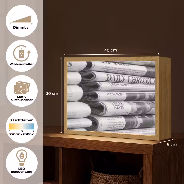Krant - Stapel - Nieuws - Zwart-wit - Media Light Box met batterij (Wandlamp) middel -USP_websiteoverzichtDE
