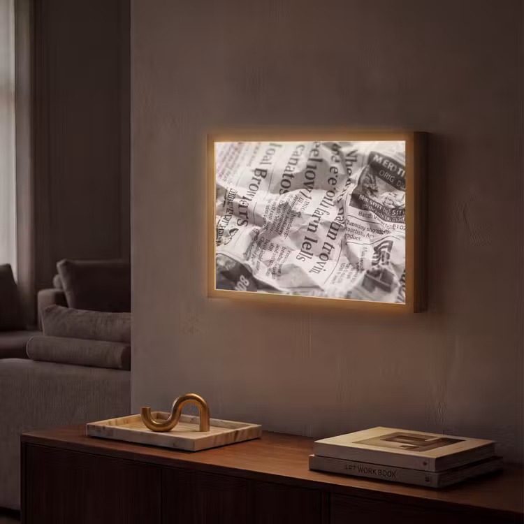 Krant - Gekreukeld - Textuur - Vintage - Zwart-wit Light Box met batterij (Wandlamp) middel -sfeer1